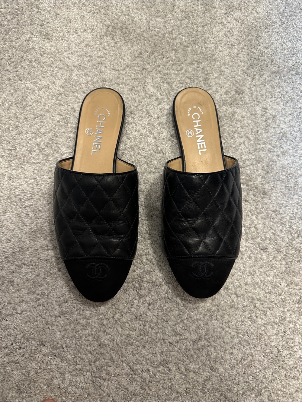 CHANEL Black Quilted Leather Slide Mules with CC Toe